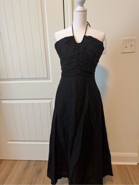 Nocturne Black Halter Midi Dress with Ruched Bodice